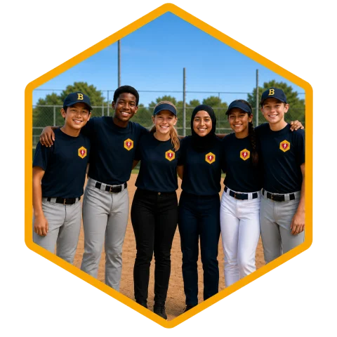 A group of diverse youth athletes smiling together on a baseball field, wearing Bee Ready uniforms.