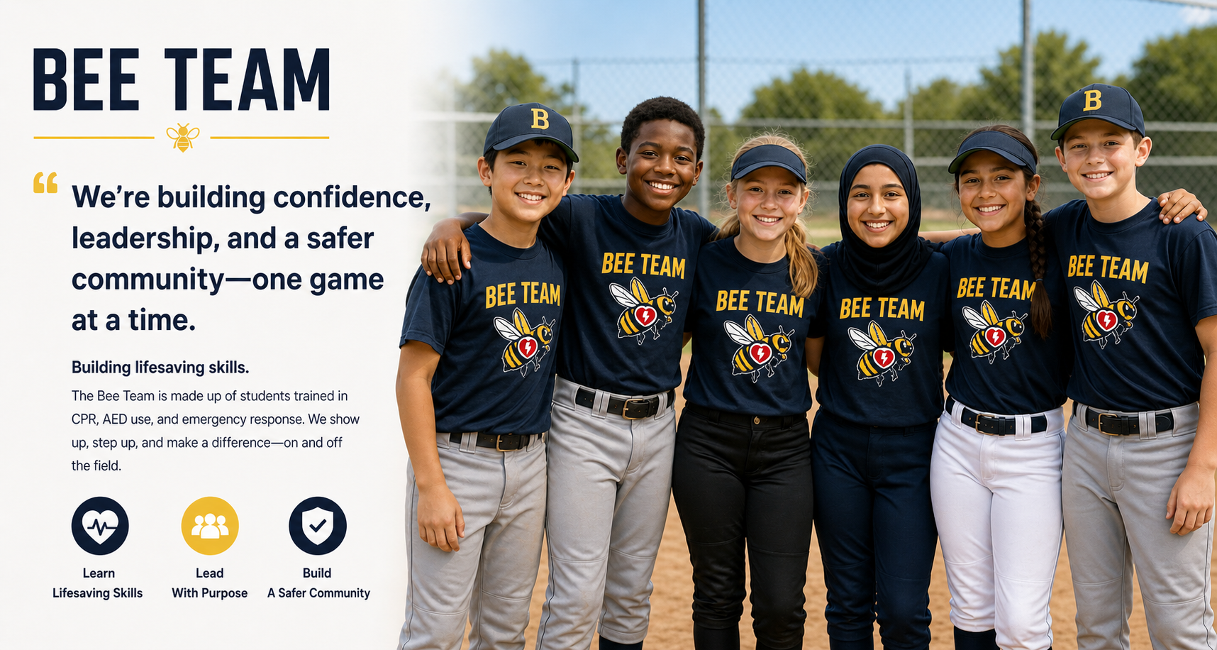 Six Bee Team members in matching navy shirts with arms around each other on a baseball field
