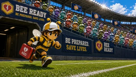 La mascota abeja de Bee Ready sosteniendo un DEA en un campo de fútbol.