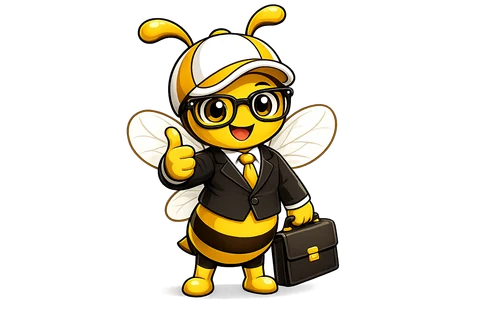 A cartoon bee in a business suit and cap holding a briefcase and giving a thumbs up.