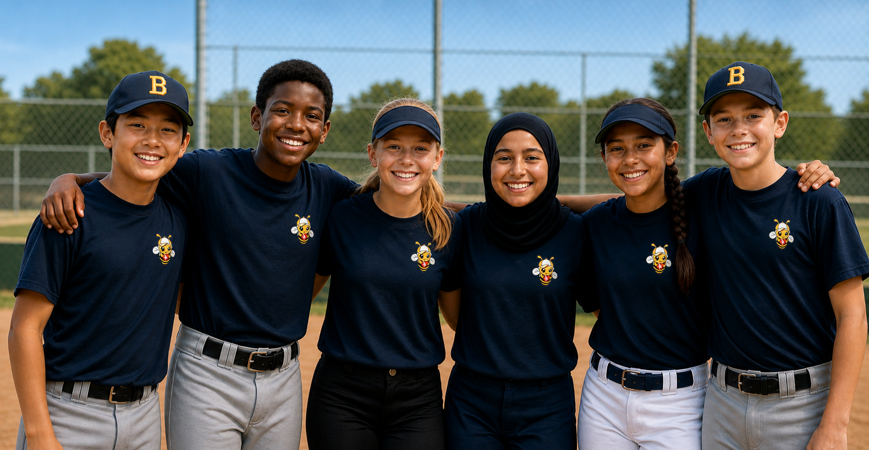 A diverse Bee Ready youth team standing together in navy uniforms on a baseball field.