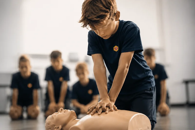 A young student performing CPR compressions on a training dummy