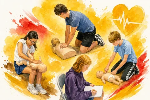 Illustration of kids learning CPR together.