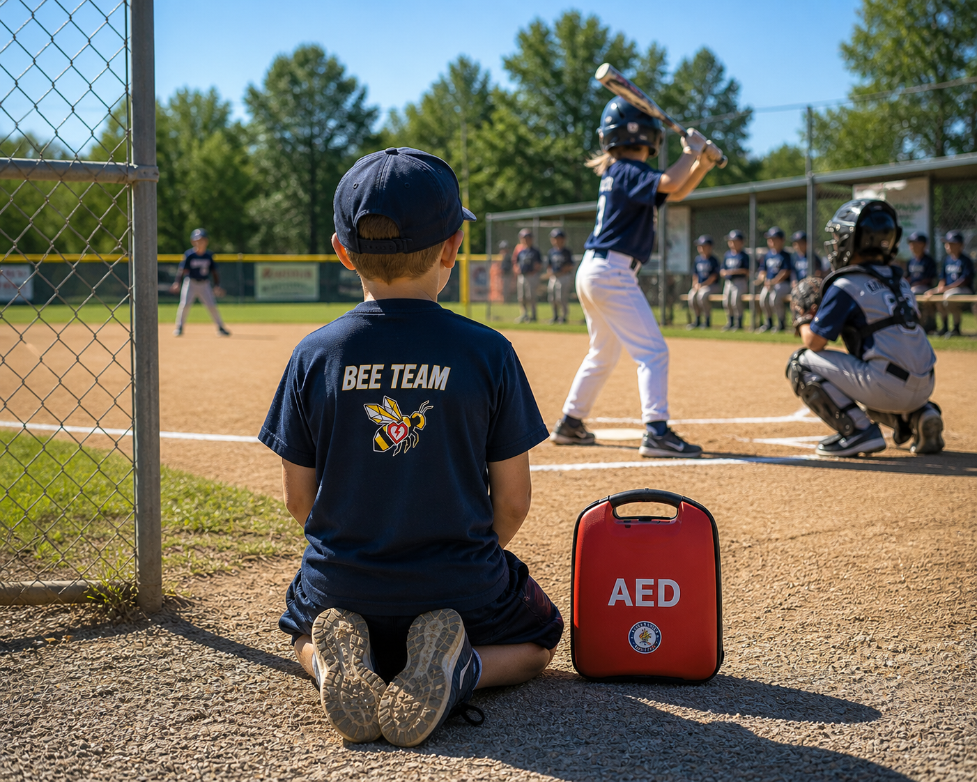 Youth Bee Team member kneeling at the sideline with an AED device