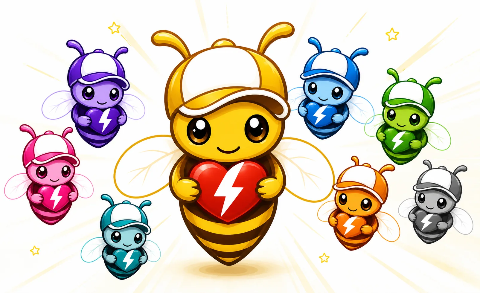 Bee Ready hero illustration featuring bee characters holding a heart with a lightning bolt.