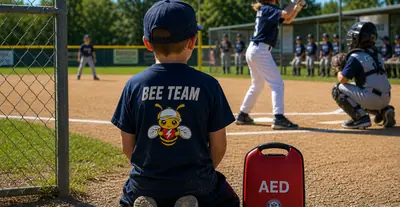 Un niño arrodillado cerca de la línea en un juego juvenil de béisbol con un DEA a su lado.
