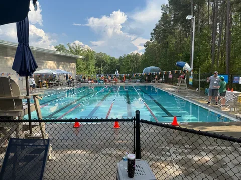 The competition pool at the Levin JCC, lanes set with flags and lifeguards on duty before the meet.