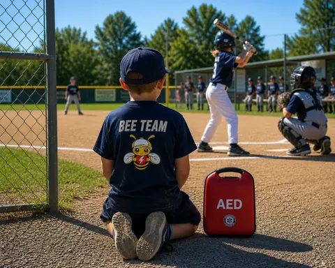 A child kneeling near the baseline at a youth baseball game with an AED beside him.