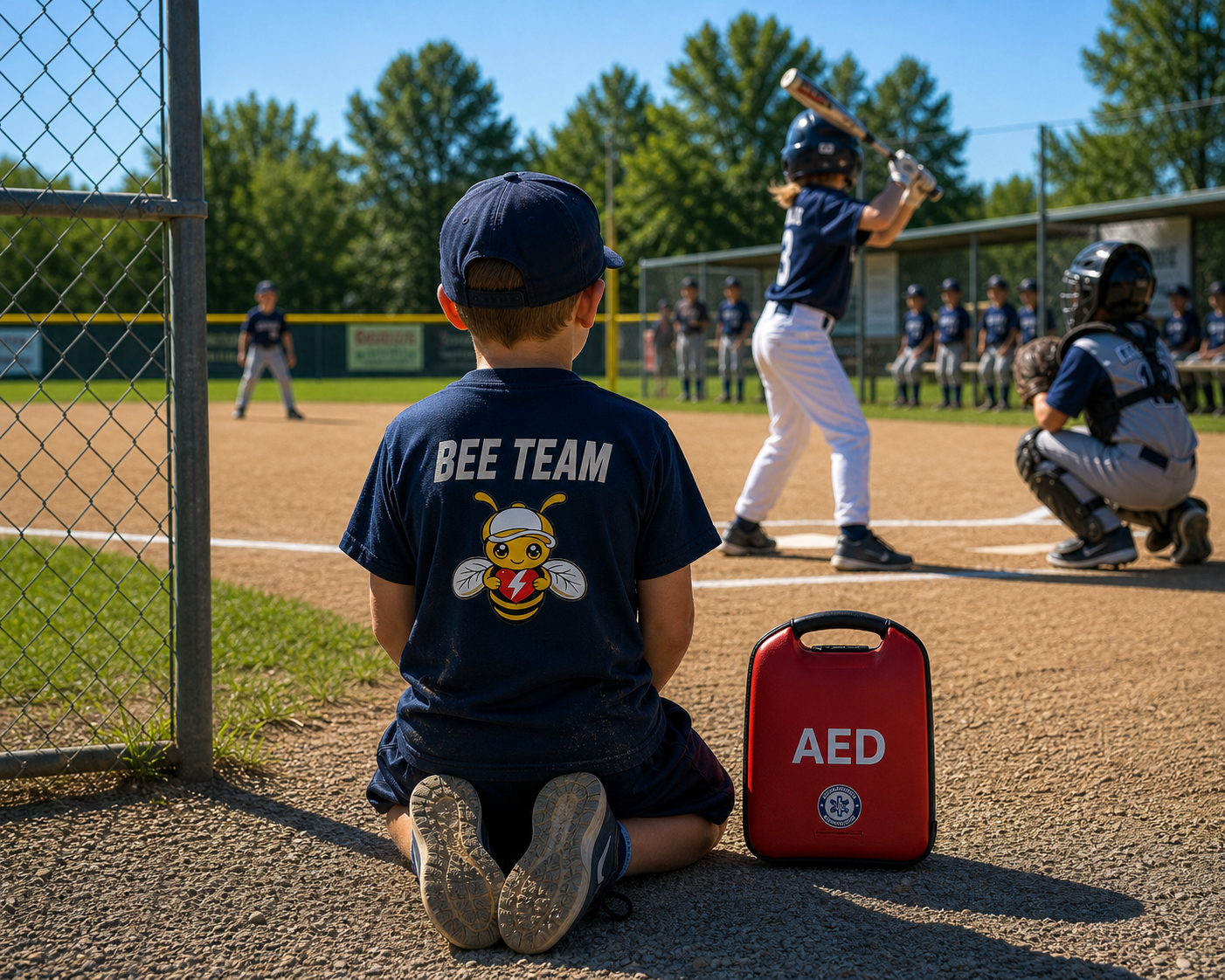 A child kneeling near the baseline at a youth baseball game with an AED beside him.