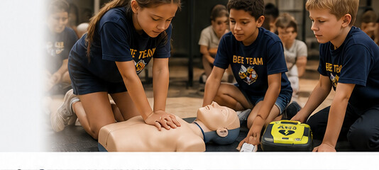 Youth team members practicing CPR on a training mannequin